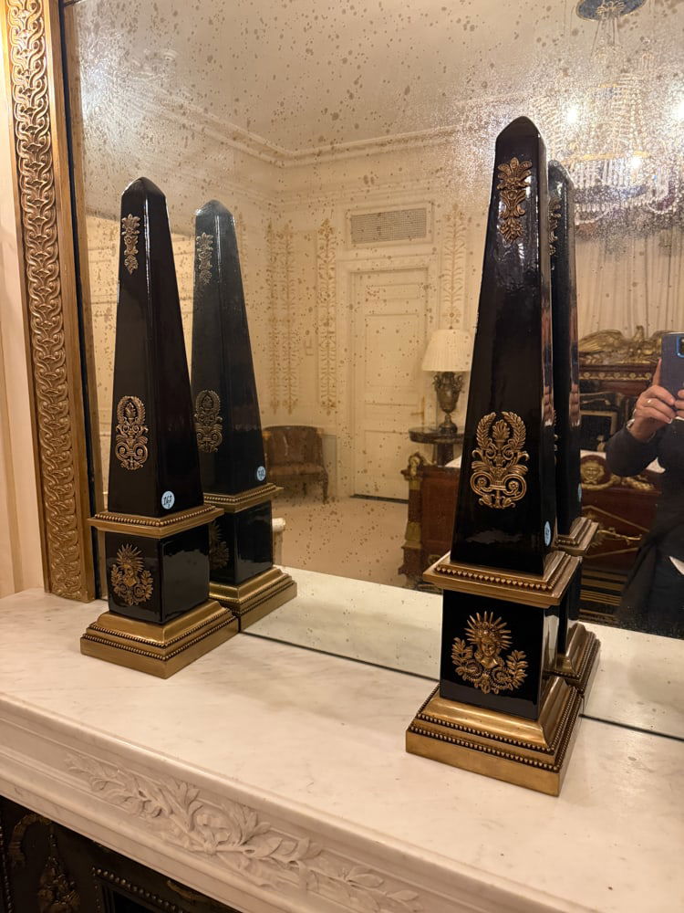 PAIR OF NEOCLASSICAL STYLE GILT-BRASS AND POTTERY OBELISKS (1 of 3)