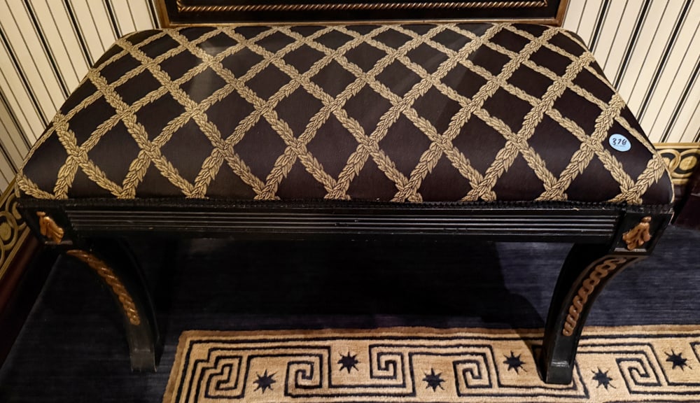 GIANNI VERSACE STYLE DRESSING ROOM BENCH: GIANNI VERSACE-STYLE DRESSING ROOM BENCH - Gold/Black, 19" x 13" x 16".