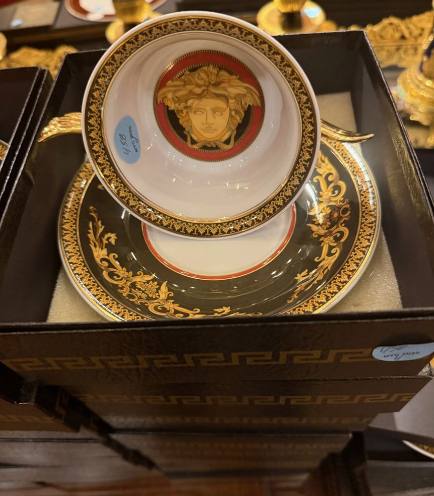 (4) VERSACE "MEDUSA" CREAM SOUPS AND SAUCERS: Versace "Medusa" cream soups and saucers, (4) total, saucers 7" diameter.