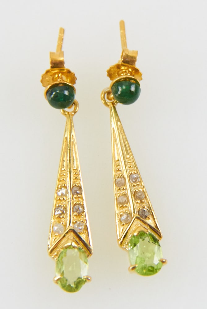 Pair of Sterling, Diamond, Emerald, Peridot Earrings: Pair of sterling earring with (12) rose cut diamonds, approximately 0.15 ctw, emerald and peridot, 1 1/4" H. Approximately 4.0 grams TW. Provenance: Bangkok, Thailand collection. PLEASE NOTE: payment