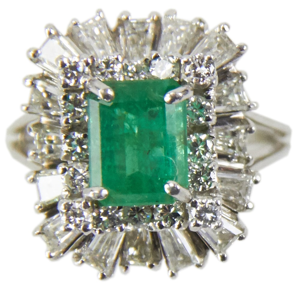 Platinum, Diamond, and Emerald Ring: Platinum, diamond, and emerald ring, emerald approximately 8.7 x 6.8mm, approximately 1.9 cts, good green color; (16) round brilliant diamonds, approximately 2.24 ctw, G-I color, VS clarity; (16) bagu