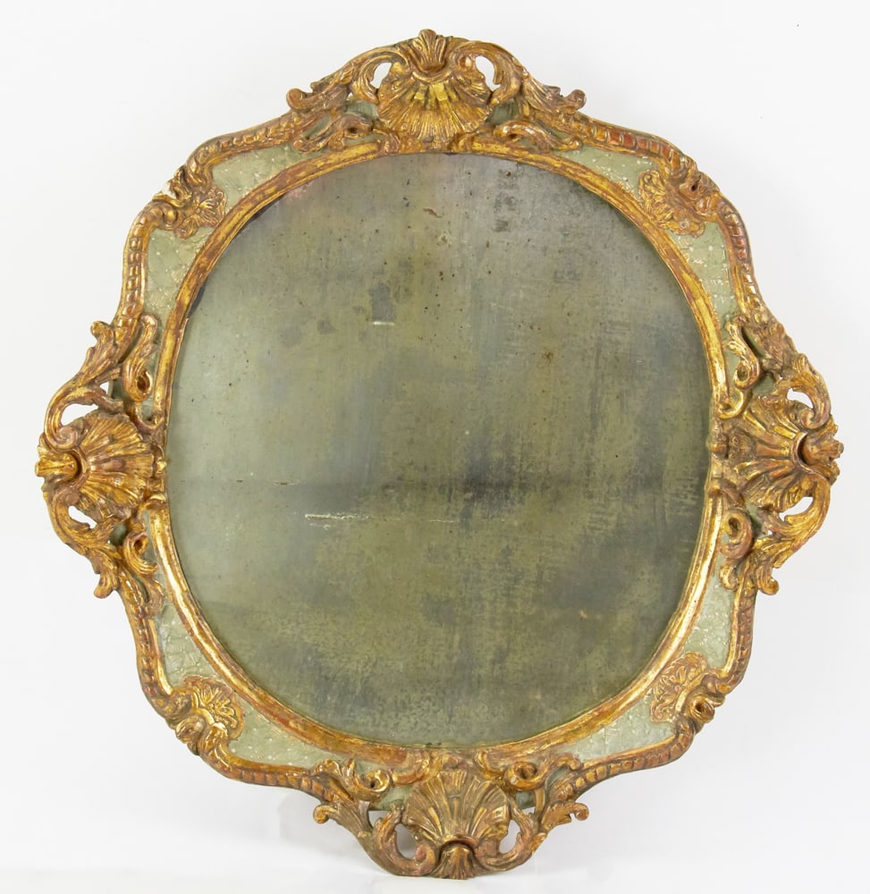 19thC Italian Rococo Style Gilt Ornate Round Mirror: 19th century Italian rococo style ornate round mirror with gilt finish, 22" x 21". Provenance: Barrington, Rhode Island collection.