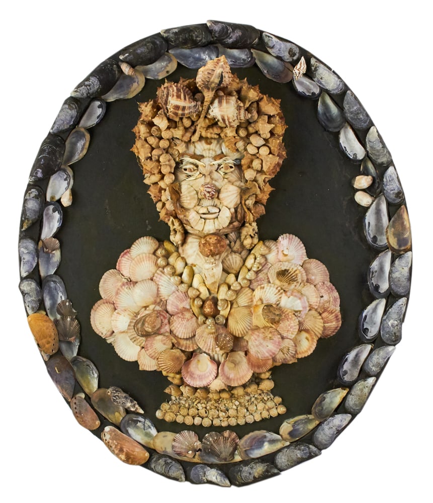 Folk Art Seashell Portrait of a Woman: Folk Art seashell portrait of a woman, 26" x 22". Provenance: The Susie Hilfiger Collection.