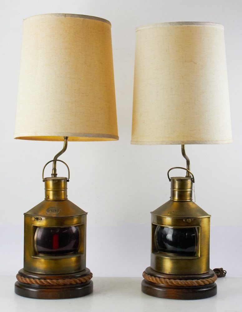 Pair of Nautical Brass Starboard and Port Lamps: Pair of nautical brass starboard and port lamps, 36" x 10". Provenance: Lynnfield, Massachusetts collection.