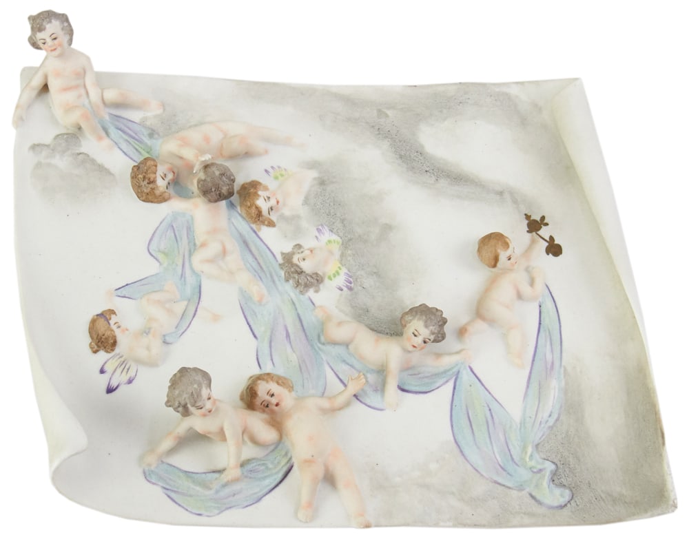 French Bisque Plaque with Cherubs, From Lyon: French bisque plaque with cherubs, from Lyon, with crown mark. Provenance: Littleton, Massachusetts collection.