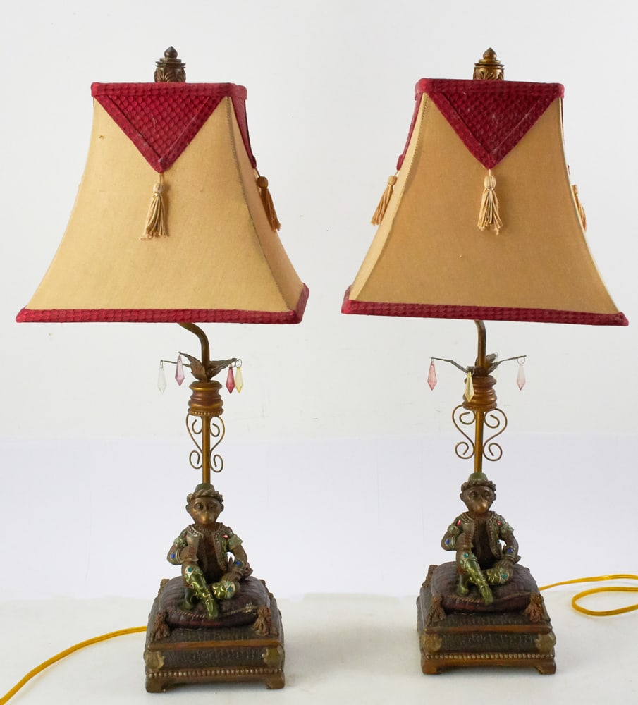 Pair of Bronze Monkey Lamps: Pair of bronze monkey lamps, 24" H x 6" W. Provenance: Lynnfield, Massachusetts collection.