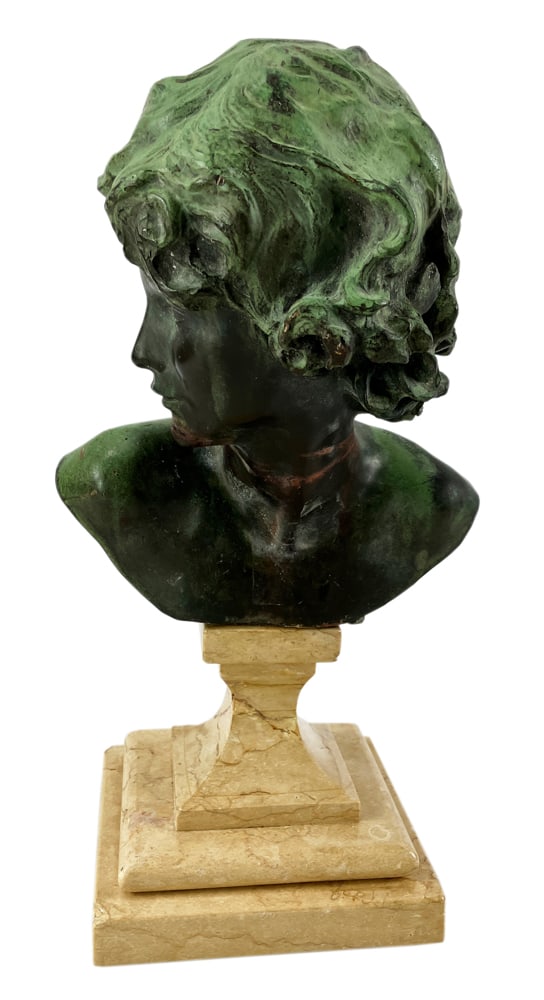Jean-Antoine Injalbert, Bronze Sculpture: Jean-Antoine Injalbert (French, 1845-1933), bronze sculpture on marble base, signed on back, 14" H. Provenance: Natick, Massachusetts collection.