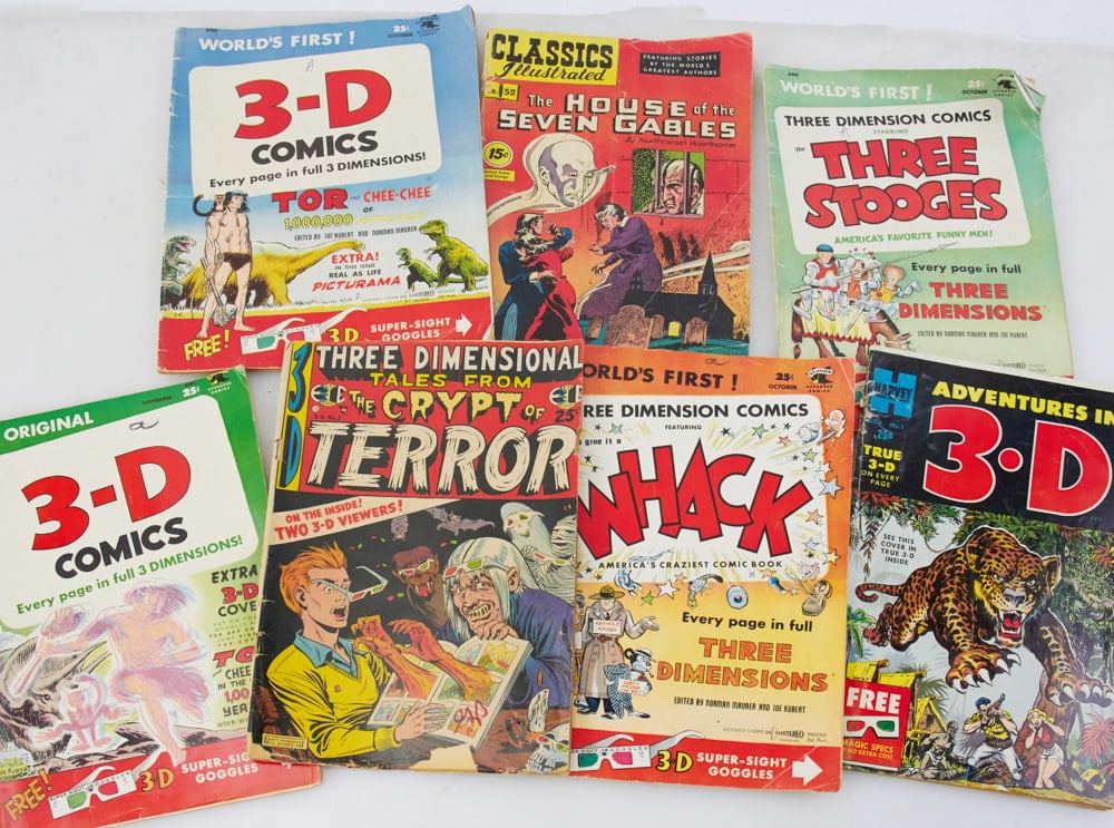 1953 3-D Comics Books, Stooges, Tor and Chee-Chee, etc.: 1953 3-D Comics, Three Stooges, Tor and Chee-Chee, Tales from the Crypt, etc., (7) books total. Provenance: Palm Beach, Florida estate.