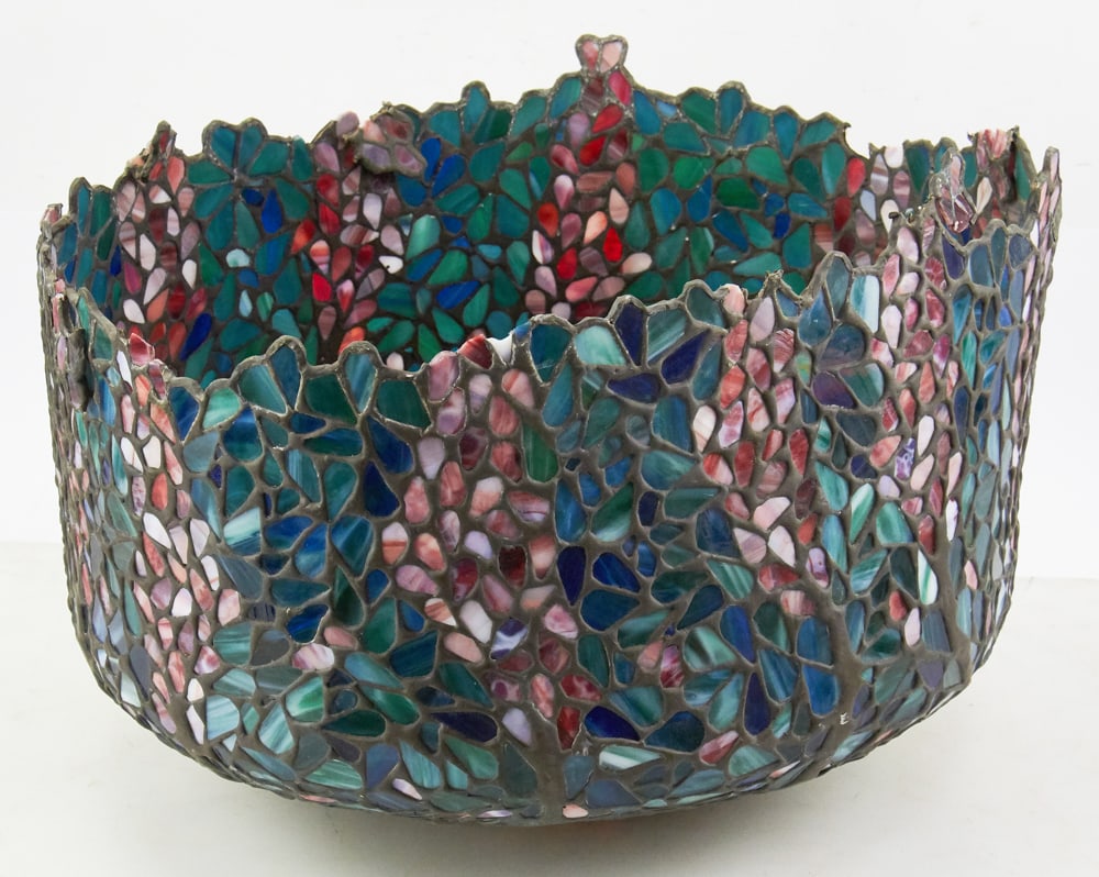 Old Leaded Glass Tiffany-type Table Lamp Shade: Old leaded glass Tiffany-type table lamp shade, 13" H x 20" diameter, 4" hole a top. Needs some repair. Provenance: Palm Beach, Florida estate.