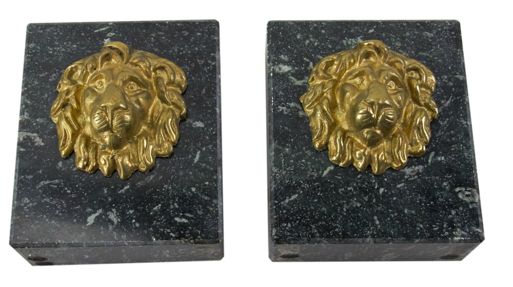 Lion's Head Bookends, Brass on Green Marble: Lion's head bookends, brass on green marble, 6" x 5" x 3 1/2". Provenance: Palm Beach, Florida estate.