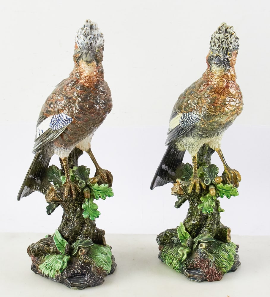 Two 19thC Majolica Birds: 19th century majolica birds, 18" x 8", lot of (2), both facing left. Good condition. Provenance: Palm Beach, Florida estate.