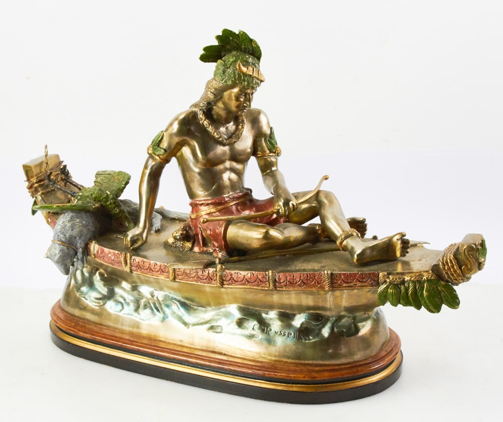 C. M. Russell, "Boy on the Boat", Painted Bronze: C. M. Russell, "Boy on the Boat", bronze painted sculpture, signed, 18" x 27" x 9" on base. Provenance: Palm Beach, Florida estate.