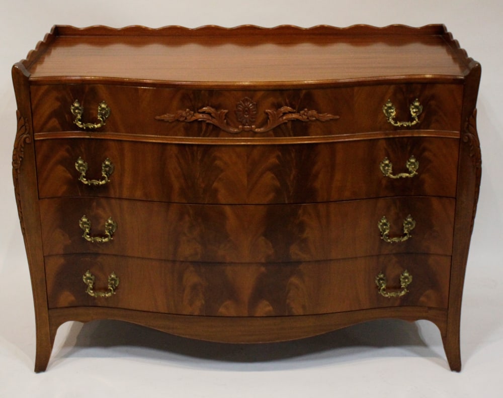 Mahogany Serpentine Chest: Mahogany serpentine chest, 36 1/2" H x 48" W x 22" D. Provenance: South Hamilton, Massachusetts collection.