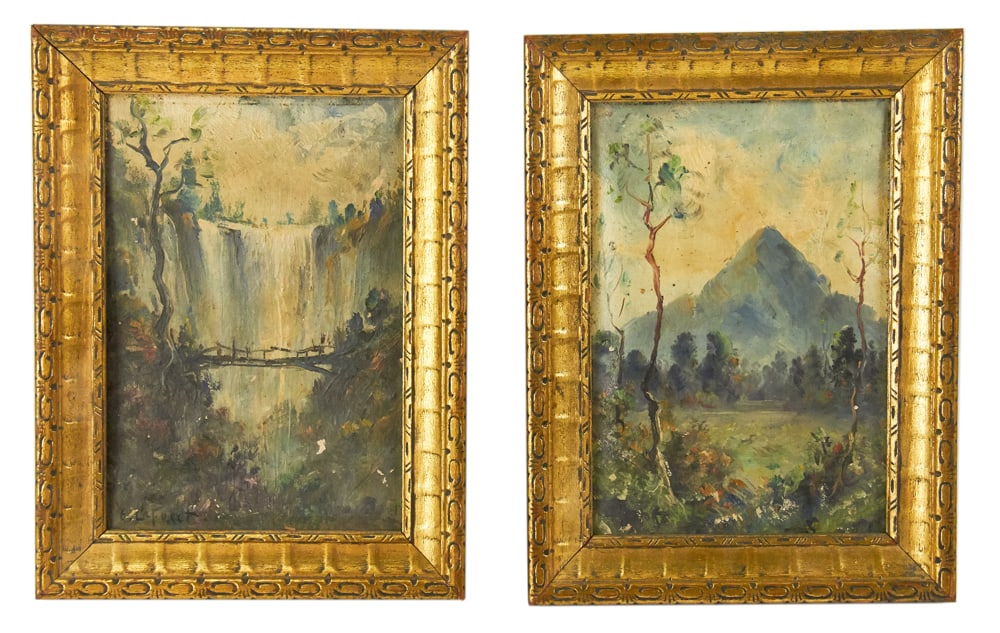 Two Landscapes, Oil on Canvas Mounted on Board: Two landscapes, oil on canvas mounted on board, signed indistinctly "E. La Foret" L/L, 7 1/2" x 5", framed 9 1/2" x 7 1/2". Provenance: Palm Beach, Florida estate.