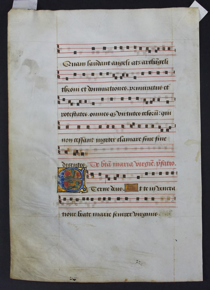 Illuminated Manuscript Leaf on Vellum, Book of Chants: Illuminated manuscript leaf on vellum, book of chants, 15th/16th century, 10 1/2" x 7 1/2". Provenance: Palm Beach, Florida estate.