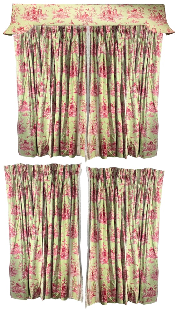 Chintz Drapes, Valance: Two pairs of chintz drapes, 99" x 94", 64" x 98"; valance 23" x 119" x 5". Provenance: West Palm Beach, Florida collection.