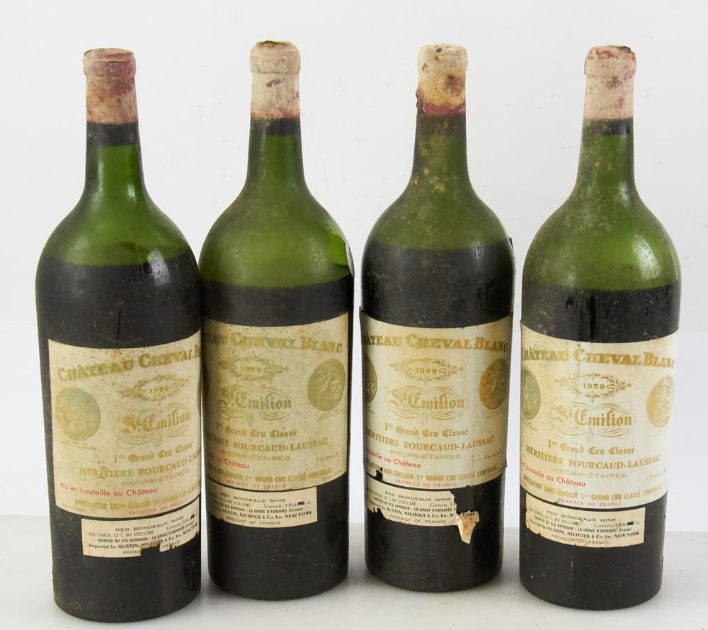 1959 Chateau Cheval Blanc St. Emilion Grand Cru: 1959 Chateau Cheval Blanc St. Emilion Grand Cru, 1.5 litre bottles, four (4) bottles total. Stored in wine cellar. Provenance: South Hamilton, Massachusetts collection. PLEASE NOTE: On KaminskiLIVE, l