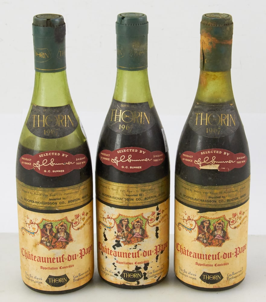 1967 Thorin Chateauneuf du Pape: 1967 Thorin Chateauneuf du Pape, 750ml, three (3) bottles total, stored in wine cellar. Provenance: South Hamilton, Massachusetts collection.
