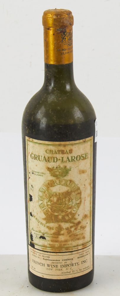 1906 Chateau Gruaud-Larose Saint Julien Grand Cru: 1906 Chateau Gruaud-Larose Saint Julien Grand Cru, 750 ml bottle, stored in wine cellar. Provenance: South Hamilton, Massachusetts collection.