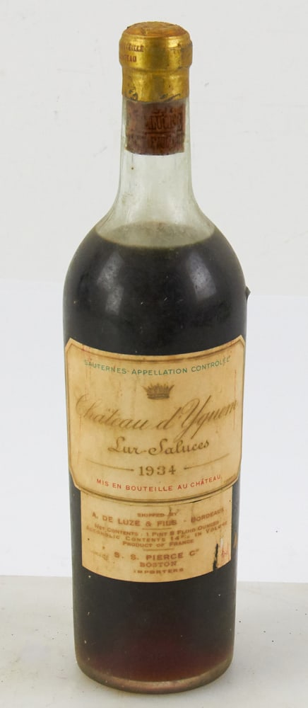 1934 Chateau d'Yquem Lur-Saluces Sauternes Appellation: 1934 Chateau d'Yquem Lur-Saluces Sauternes Appellation, 750ml bottle, stored in wine cellar. Provenance: South Hamilton, Massachusetts collection.