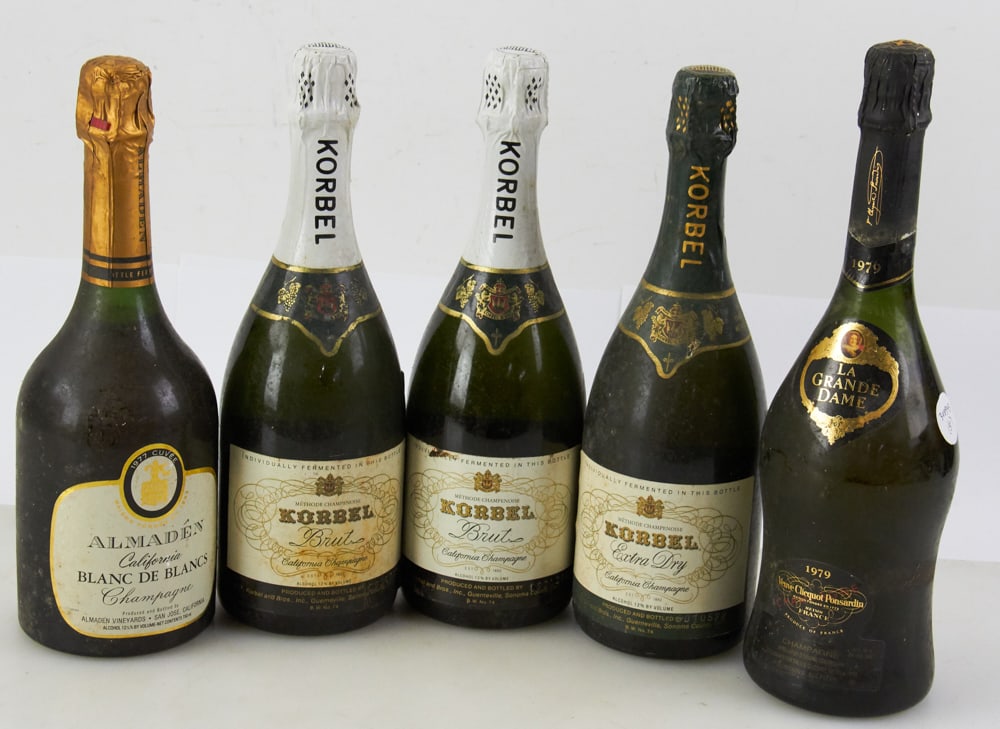 Group of Vintage Champagnes: Group of vintage champagnes, 750ml, five (5) bottles total to include: Korbel, Brut, two (2) bottles; Korbel Extra Dry; 1979 La Grande Dame Veuve Clicquot Ponsardin; 1977 Almaden Blanc De Blancs, all