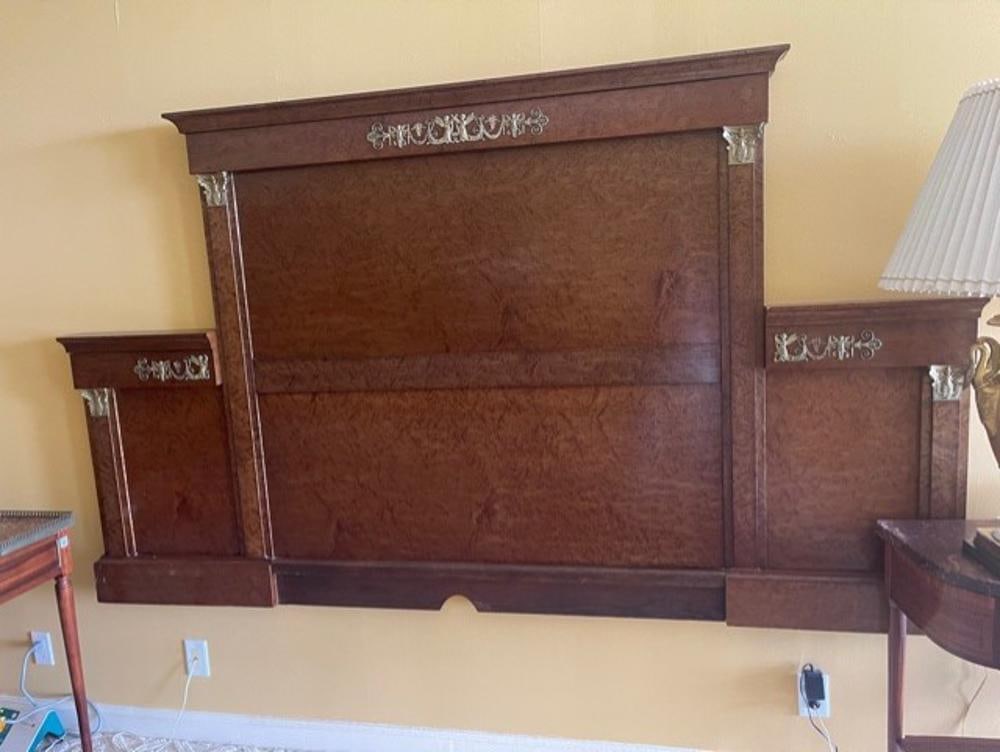 19thC French Empire Headboard: 19th century French Empire headboard, birdseye maple with bronze mounts, 56" x 97".