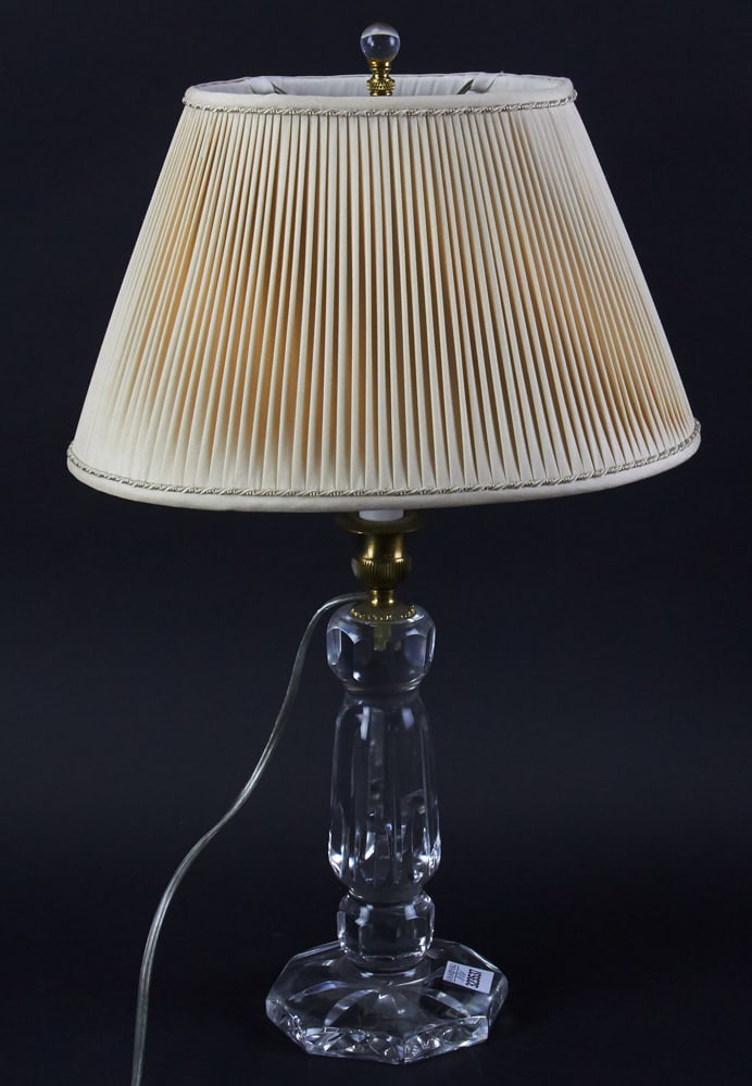 Cut Crystal Lamp with Shade, Signed: Cut crystal lamp, signed indistinctly Schneider, with shade, 18" x 5". Working. Provenance: Brookline, Massachusetts collection.