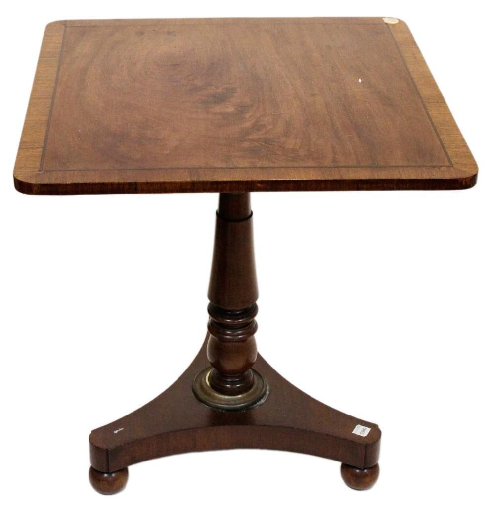 Biedermeier Inlaid Walnut Square Top Pedestal Table: Biedermeier inlaid walnut square-top pedestal table, 27" H x 25" W x 25" D.