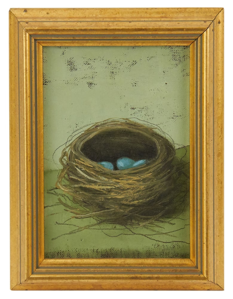 Robin's Eggs, Oil on Canvas: Robin's eggs, oil on canvas, signed L/R, framed 9" x 7". Provenance: Brookline, Massachusetts collection.