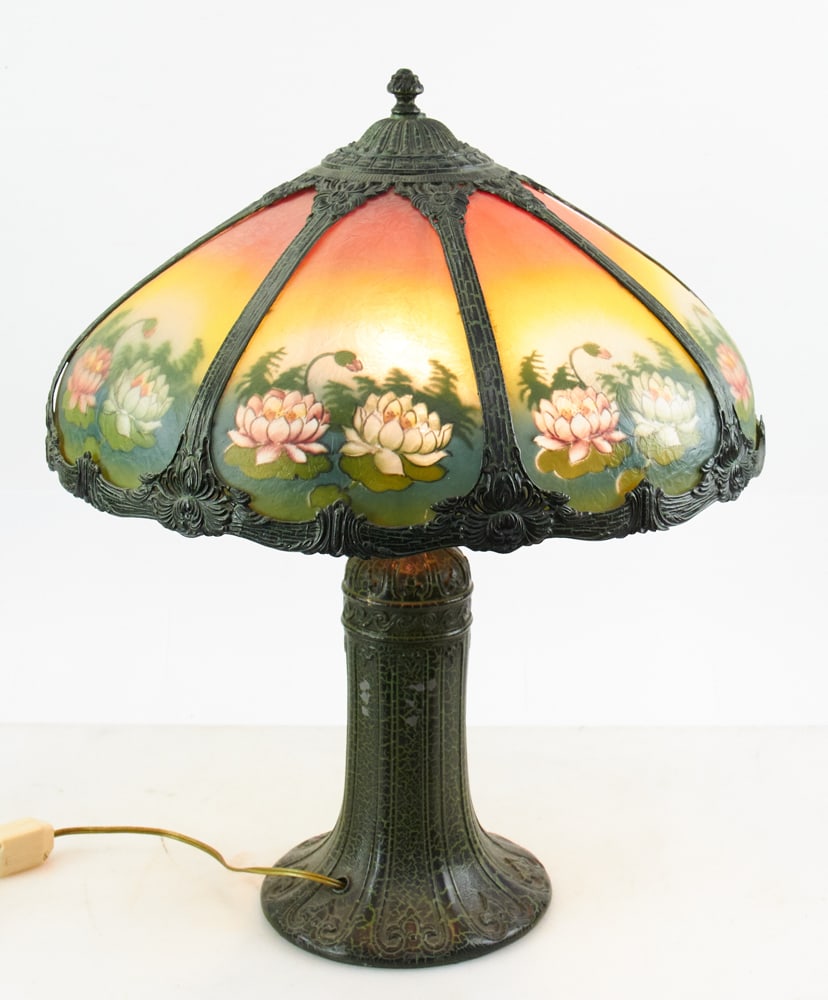 Reverse Painted Lotus Lamp and Shade: Reverse painted lotus lamp and shade. Provenance: The Collection of Zhang Dinghuang of Atlanta, Georgia. Zhang Dinghuang 張定璜 (1895-1986), also known as Chang Feng-chu &