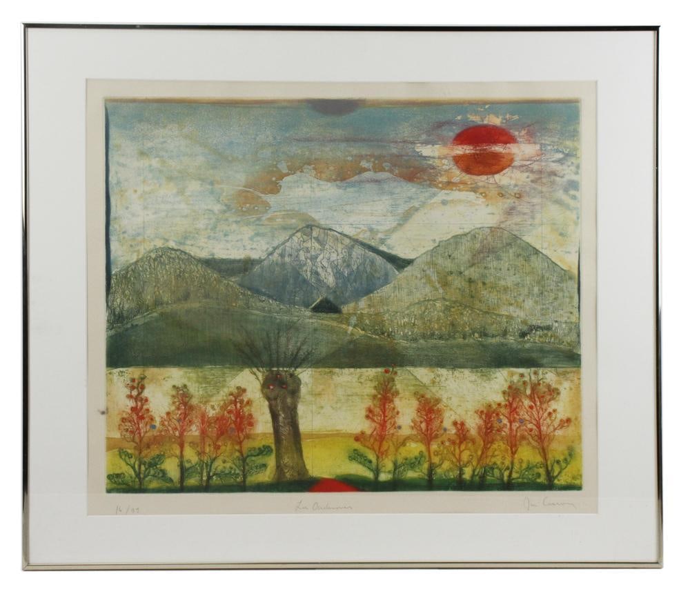 Rene Carcan, "Les Ardennes", Aquatint Etching: Rene Carcan (Belgian, 1925-1993), "Les Ardennes", aquatint/etching, pencil signed L/R, editioned 16/99 L/L, 21" x 25" (sight), framed 26 1/2" x 31 1/4". With Certificate of Authenticity. Provenance: S