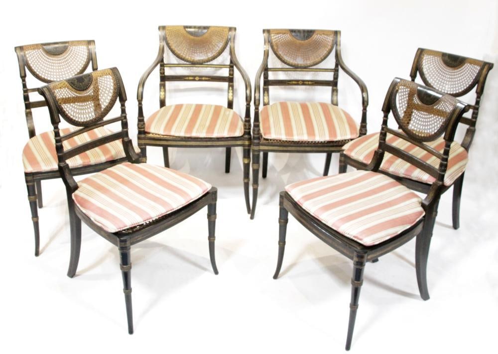 Neoclassical-style Decorated Set of Chairs: Neoclassical-style decorated chairs, set of (8), including (2) arm and (6) side, stamped Quigley. (3) chairs have broken cane backs. Provenance: Mitchell-Armour Estate.