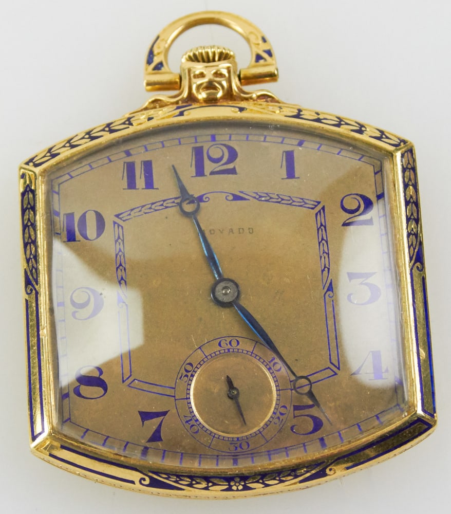18k Yellow Gold and Blue Enamel Movado Pocket Watch: 18k yellow gold and blue enamel Movado pocket watch, open face, 2" x 1 5/8". Approximately 54.1 grams (including movement). Running at time of inventory, but not guaranteed. Provenance: Miami Beach, F
