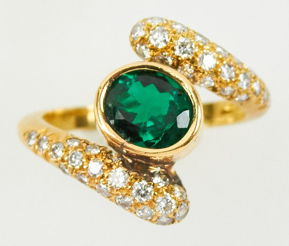 14k Yellow Gold, Diamond, and Emerald Ring: 14k yellow gold, diamond, and emerald ring, emerald approximately 8.7mm, ring size 8. Approximately 4.7 grams TW. Provenance: Miami Beach, Florida collection. PLEASE NOTE: payment for silver, gold, je