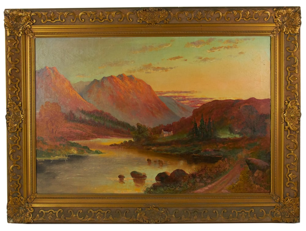 Early 20thC, Sunset View of Mountains, Oil on Canvas: Early 20th century, sunset view of mountains, oil on canvas, 24" x 36", framed 33" x 44". Provenance: Palm Beach, Florida estate.