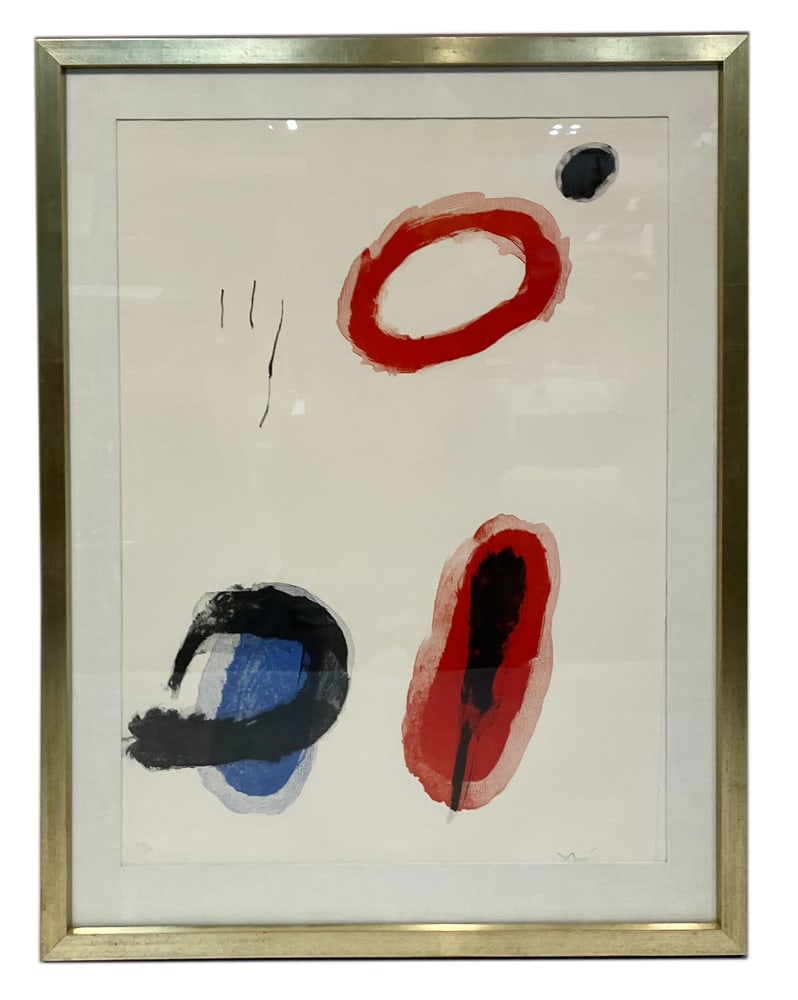 Joan Miro, L'Anneau, Lithograph: Joan Miro (1893-1983), titled on gallery label verso "L'anneau" (The Ring), lithograph, signed L/R, numbered 53/90 L/L, 34" x 24 3/4" (image), matted and in giltwood frame 42" x 32". Provenance: from