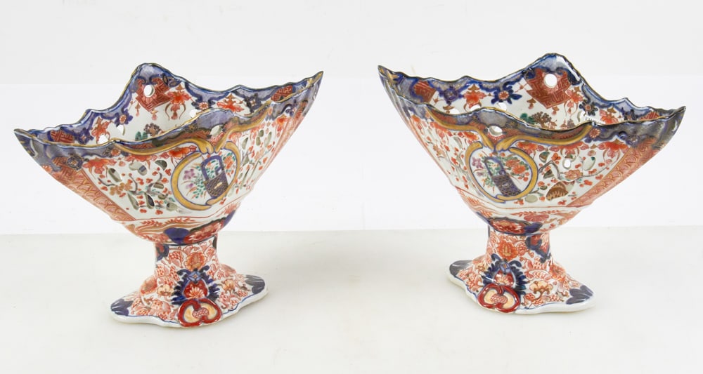 Pair of 19thC Japanese Imari Reticulated Baskets: Pair of 19th century Japanese Imari reticulated baskets, 8" H x 11 1/2" W x 6" D. Good condition. Provenance: Palm Beach, Florida estate.