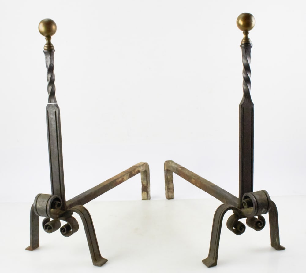 Samuel Yellin Wrought Iron Andirons, Early 20thC: Samuel Yellin wrought iron twist and ball top andirons, early 20th century, impressed signature on base, 25" H x 23" L x 9" W. Provenance: Newton, Massachusetts collection.