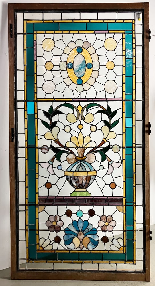 1940s Stained Glass Window: 1940s stained glass window, 75" x 39". Provenance: Beverly, Massachusetts collection.