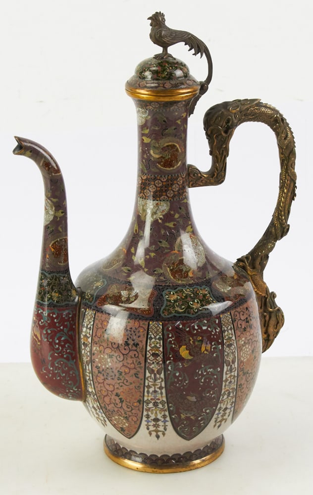 19thC Japanese Meiji Cloisonne Ewer with Bronze Handle: 19th century Japanese Meiji period cloisonne ewer with gold vermeil, bronze handle, 13 1/2" H. Provenance: Beverly, Massachusetts collection.