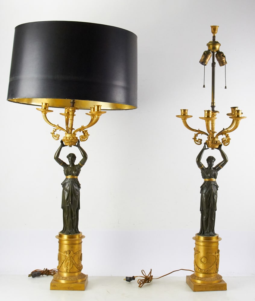 Pair of 19thC French Bronze Candelabra, Electrified: Pair of 19th century French bronze candelabra, electrified, 42" H, candelabra 29" x 11". Provenance: Palm Beach, Florida estate.