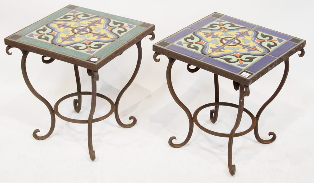 Pair of California Wrought Iron Tile-top Tables: Pair of California wrought iron tile-top tables, 18" H x 16" square. Provenance: Estate of David and Sarah Martin, Montecito, California.
