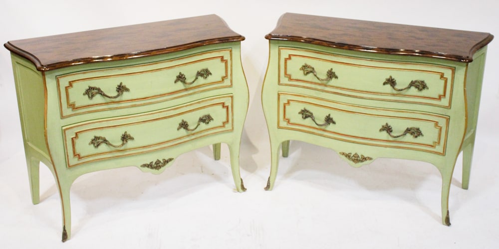 Matched Pair of French Lime Green Painted Chests: Matched pair of French lime green painted chests with faux marble tops, 31" H x 39" W x 17" D. Provenance: West Palm Beach, Florida collection.