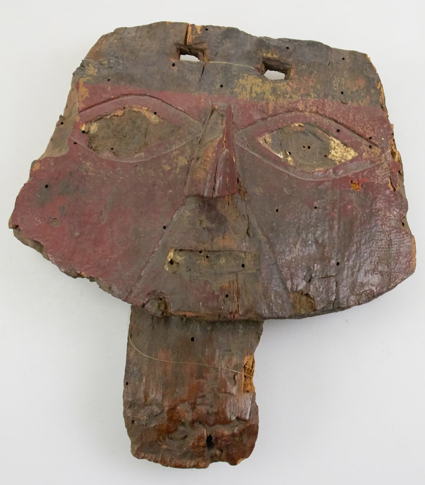Pre-Columbian Chancay Burial Mask From Peru: Pre-Columbian Chancay burial mask from Peru, 10" x 9". Provenance: Estate of David and Sarah Martin, Montecito, California.