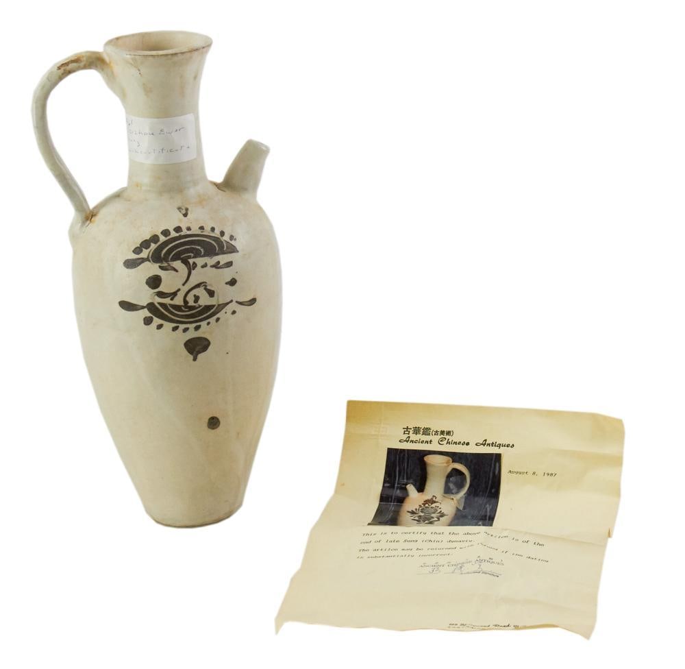 Czizhou Ewer, Sung: Czizhou ewer, Sung, approximately 14 1/4" H. With certification. Provenance: The Collection of Zhang Dinghuang of Atlanta, Georgia. Zhang Dinghuang 張定璜 (1895-1986), also known as 