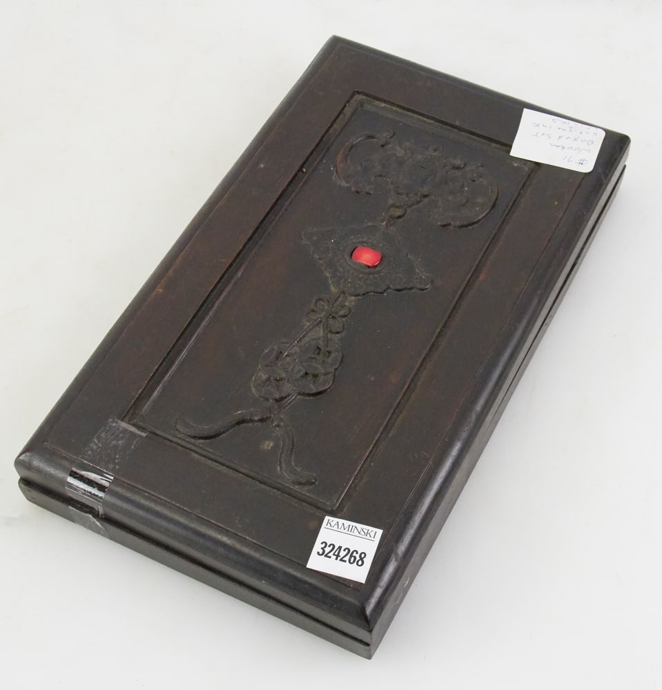 Zitan Wood Boxed Set of Antique Ink Sticks: Zitan wood boxed 紫檀木盒set of (10) antique ink stick 古墨十條12" L x 7" W x 2" H. Provenance: The Collection of Zhang Dinghuang of Atlanta,