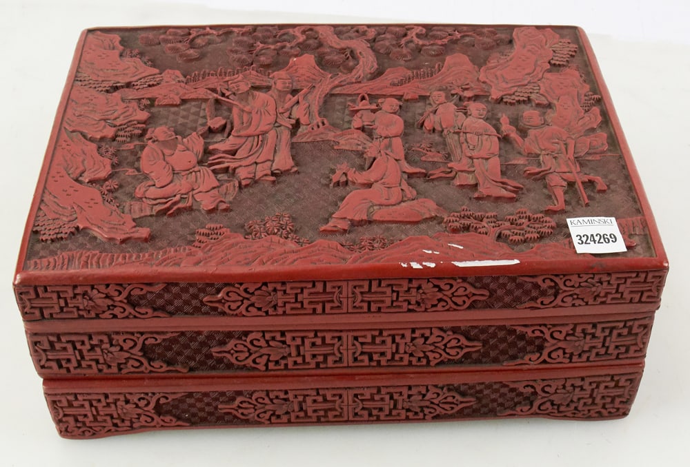 Stacked Pair of Carved Cinnabar Trays, Chien Lung: Stacked pair of carved cinnabar trays, Chien Lung mark, mid-late Ching, 8 1/4" W x 5" H. Provenance: The Collection of Zhang Dinghuang of Atlanta, Georgia. Zhang Dinghuang 張定璜 (18