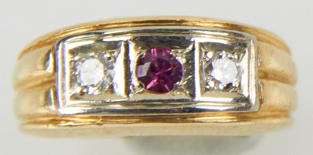 Men's 14k Yellow Gold, Diamond, and Ruby Ring: Men's 14k yellow gold, diamond, and ruby ring. Two diamonds 0.10 pts; ruby 0.10 pts. Size 8. Approximately 6.0 grams TW. Provenance: Miami Beach, Florida collection. PLEASE NOTE: payment for silver, g