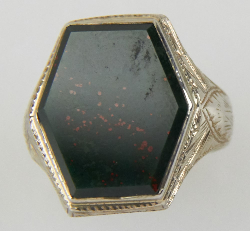 Men's 14k White Gold and Bloodstone Ring, C1915: Men's 14k white gold and hexagonal bloodstone ring, circa 1915. Size 8. Approximately 5.40 grams TW. Provenance: Miami Beach, Florida collection. PLEASE NOTE: payment for silver, gold, jewelry, and co