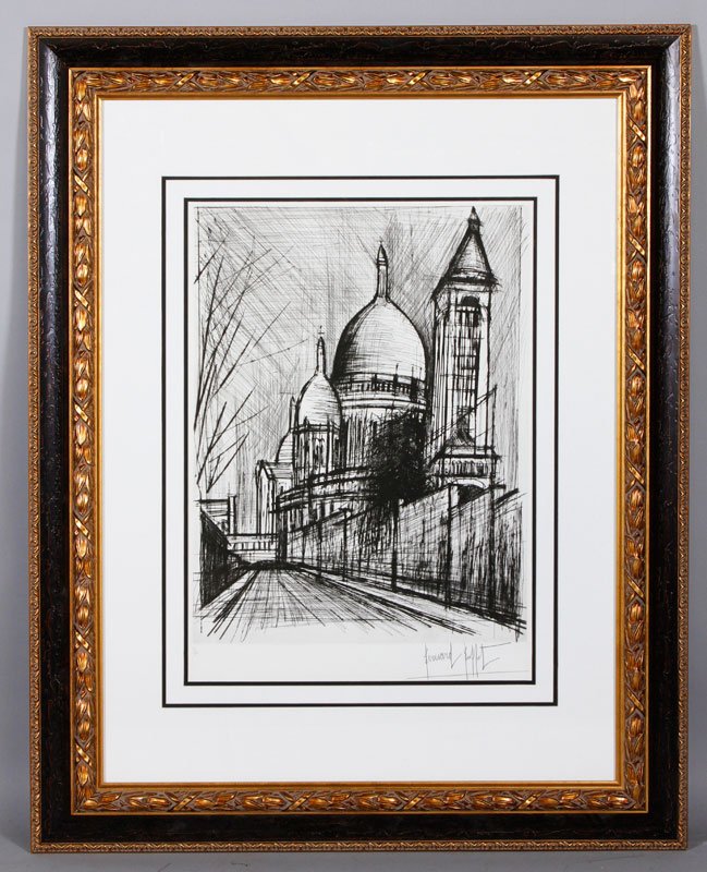 Buffet, "Sacre Coeur Paris", Lithograph: Bernard Buffet, "Sacre Coeur Paris", limited edition 56/100 lithograph, signed and numbered below the plate, 25" x 19" plate size, in frame under glass 48" x 38". C.O.A. verso.
